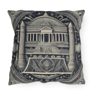 Outdoor pillow with intricate black and white design of an ancient architectural wonder