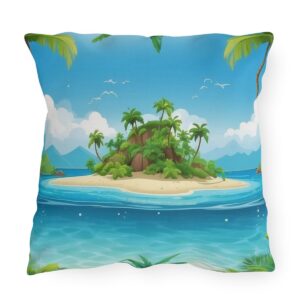 Outdoor pillow featuring a tropical island with palm trees surrounded by blue water