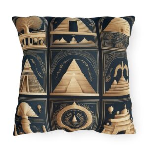 Outdoor pillow with golden designs of ancient wonders on a dark background