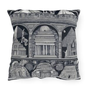 Outdoor pillow with intricate black and white designs of ancient wonders