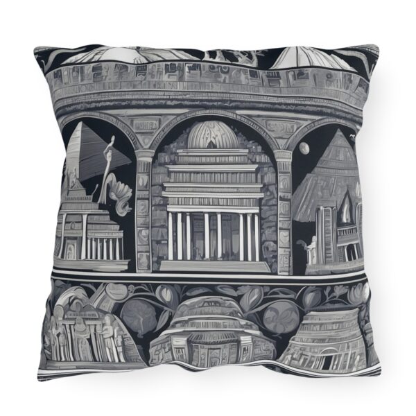 Outdoor pillow with intricate black and white designs of ancient wonders