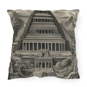 Outdoor pillow with sepia-tone design of an ancient wonder architectural structure