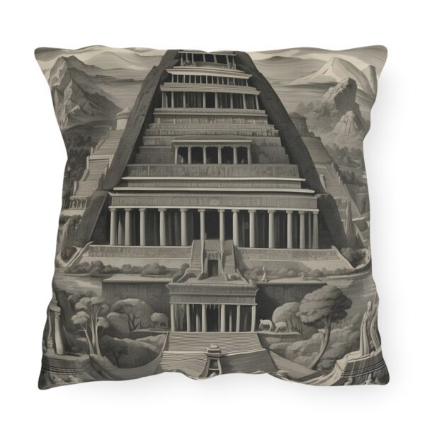 Outdoor pillow with sepia-tone design of an ancient wonder architectural structure