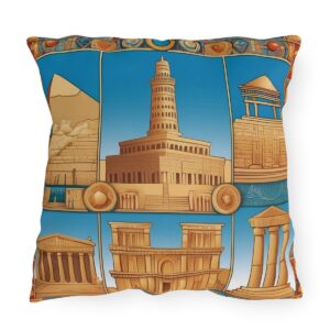 Outdoor pillow with vibrant designs of the Seven Wonders of the Ancient World