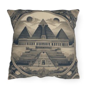 Outdoor pillow with design motifs featuring the Seven Wonders of the Ancient World in sepia tones