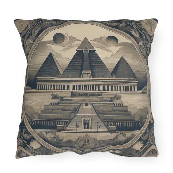 Outdoor pillow with design motifs featuring the Seven Wonders of the Ancient World in sepia tones