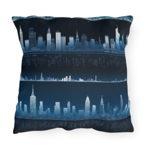 Outdoor pillow with multiple blue and white city skyline designs against a dark background