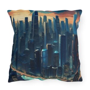 Outdoor pillow with a dark city skyline design featuring tall buildings and a sunset background