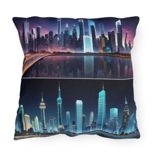 Outdoor pillow with dual city skyline designs in vibrant colors and reflections