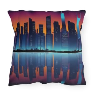 Outdoor pillow with a colorful city skyline design featuring reflections on water