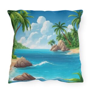 Outdoor pillow featuring a tropical beach scene with palm trees, rocks, and blue water