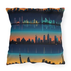 Outdoor pillow with multiple city skyline designs in vibrant colors