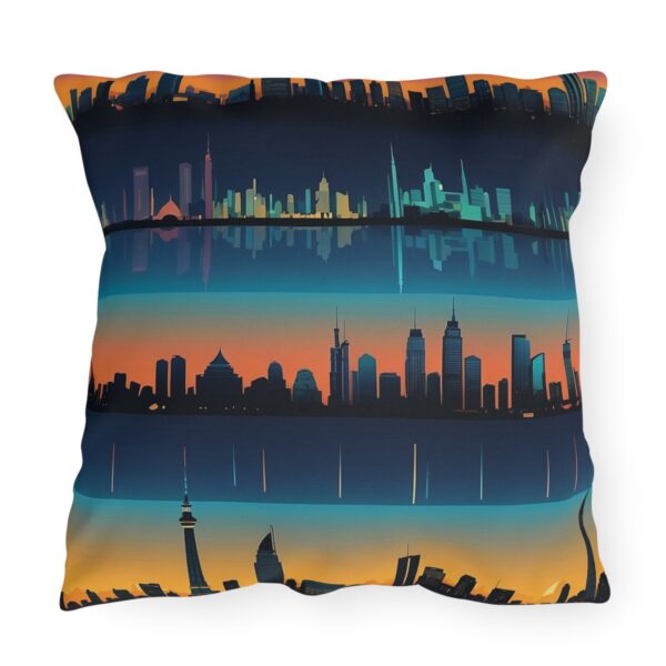 Outdoor pillow with multiple city skyline designs in vibrant colors