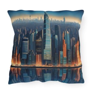 Outdoor pillow with a vibrant city skyline design featuring tall buildings and reflections