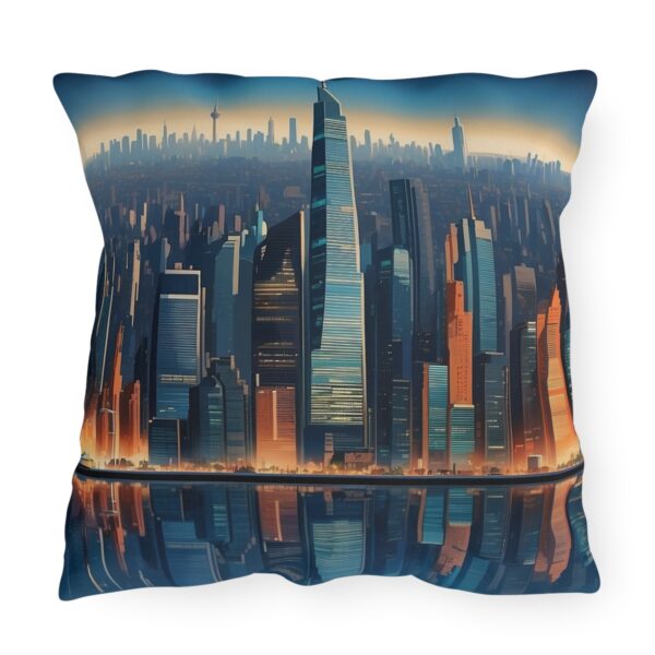 Outdoor pillow with a vibrant city skyline design featuring tall buildings and reflections