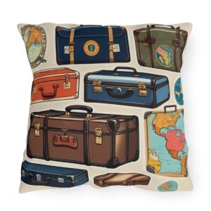 Outdoor pillow with vintage suitcase illustrations in various colors and maps