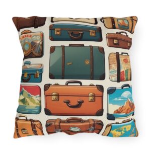 Outdoor pillow with vintage suitcases and travel stickers design on cream background