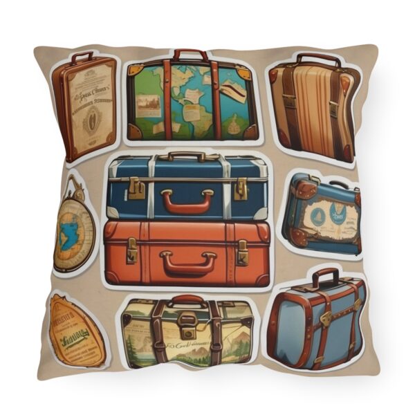 Outdoor pillow with vintage suitcases and travel stickers design on beige background