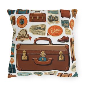 Outdoor pillow with vintage suitcases and travel stickers design on white background