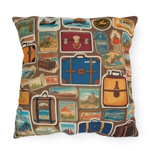 Outdoor pillow with vintage suitcases and travel stickers design on brown background