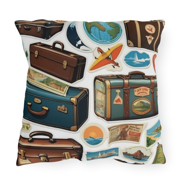 Outdoor pillow with vintage suitcase and travel stickers design on white background