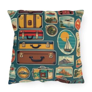 Outdoor pillow with vintage suitcase stickers design on dark background Title: Outdoor-Pillow-Vintage-Suitcase-Stickers-Design-Dark-Background