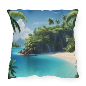 Outdoor pillow featuring a tropical beach scene with palm trees, waterfalls, and blue water