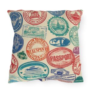 Outdoor pillow with colorful passport stamps design on light background