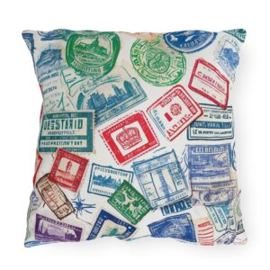 Outdoor pillow with multicolored passport stamps design on cream background