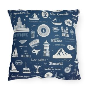 Outdoor pillow with travel quotes and nautical design on navy blue background