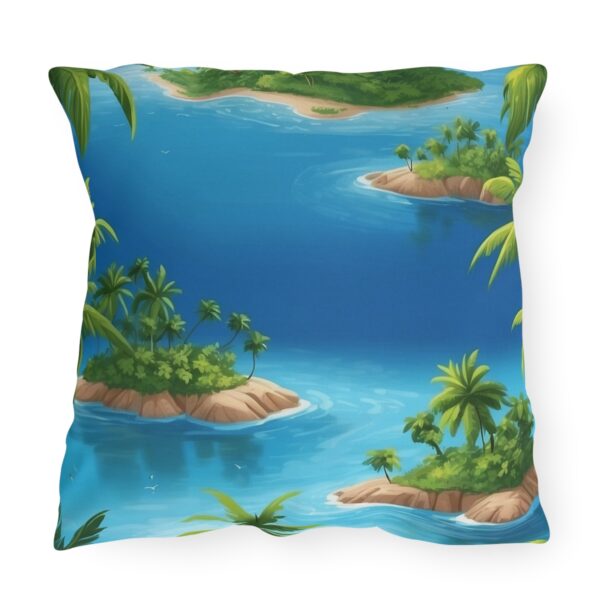 Outdoor pillow featuring a tropical scene with small islands, palm trees, and blue water