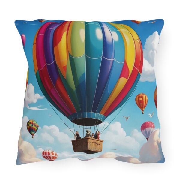 Outdoor pillow with colorful large hot air balloon design