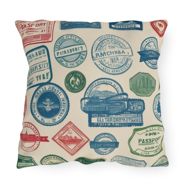 Outdoor pillow with various passport stamps design