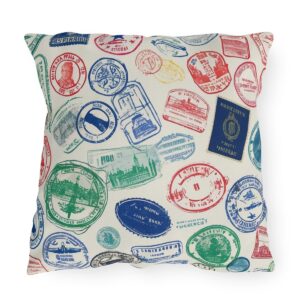 Outdoor pillow with colorful travel stamps design