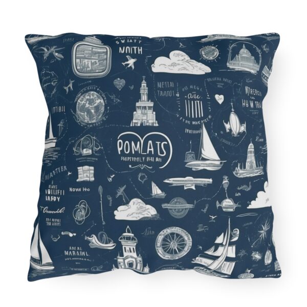 Navy blue outdoor pillow with white travel quotes and small travel icons