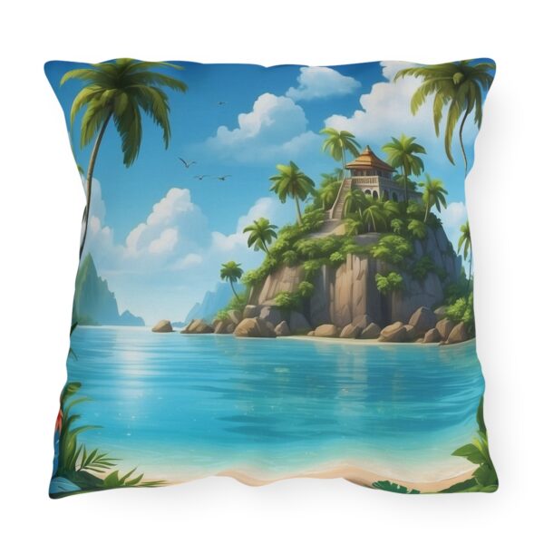 Outdoor pillow featuring a tropical island scene with palm trees, blue water, and a house on a hill