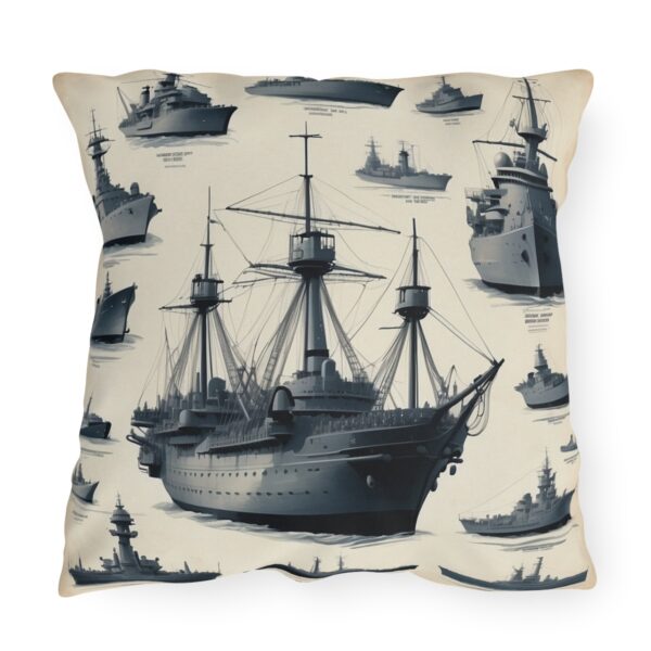 Outdoor pillow featuring illustrations of navy battleships and historical ships on a light beige background