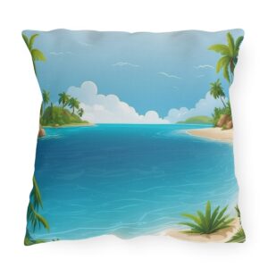 Outdoor pillow featuring a tropical beach scene with calm blue water, palm trees, and sandy shores