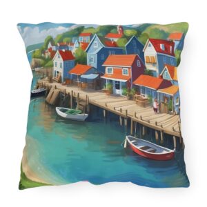 Outdoor pillow featuring a colorful coastal village with boats docked by the water and houses on a pier