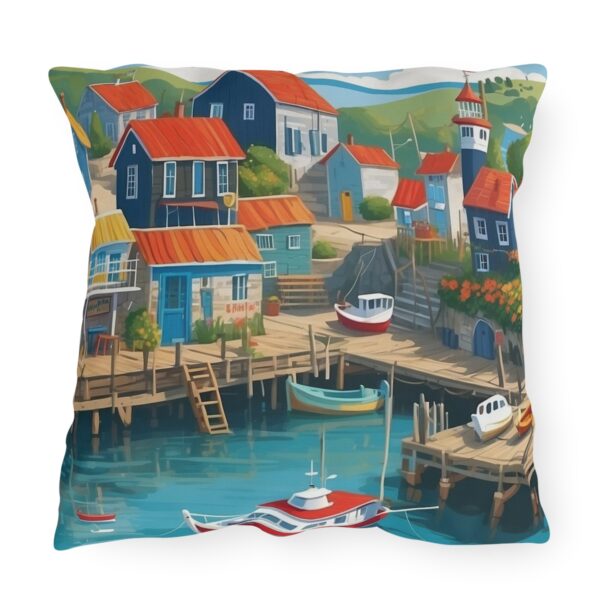 Outdoor pillow featuring a colorful coastal village scene with boats, docks, and a lighthouse