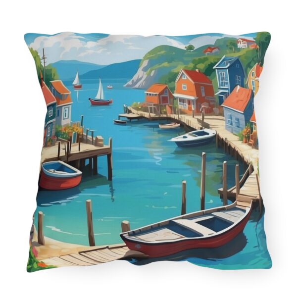 Outdoor pillow featuring a vibrant coastal village scene with boats, docks, and colorful houses