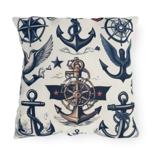 Outdoor pillow with white background featuring blue anchors, steering wheels, and bird designs