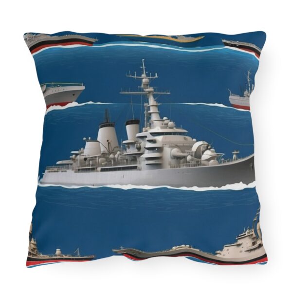 Outdoor pillow featuring navy battleships on a bold blue background with red, white, and black accents