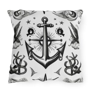 Outdoor pillow with white background and black nautical anchor and bird design