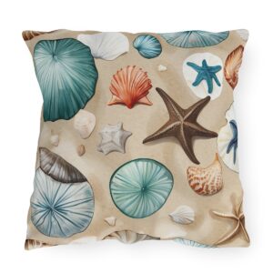 Outdoor pillow with beige background and assorted colorful seashell and starfish design