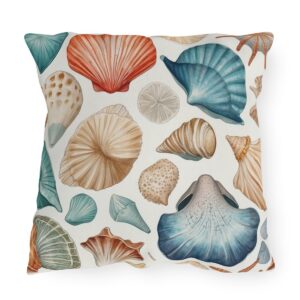 Outdoor pillow with white background and colorful seashell design