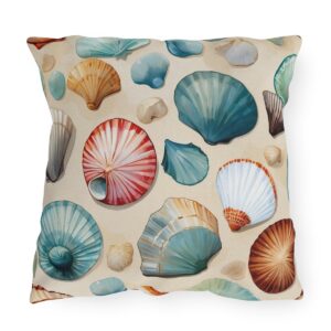 Outdoor pillow with beige background and colorful seashell design