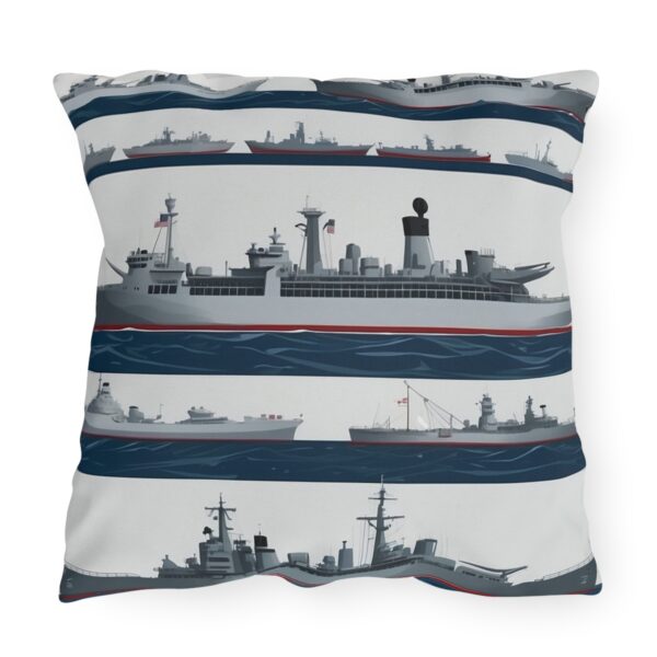 Outdoor pillow featuring navy battleship illustrations with horizontal stripes on a light background