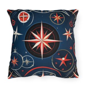 Outdoor pillow with dark blue background and red and white nautical compass design