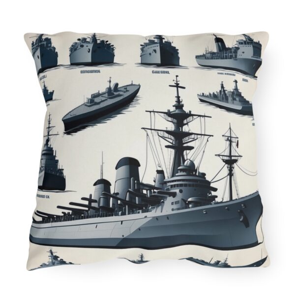 Outdoor pillow featuring various navy battleship illustrations on a light background